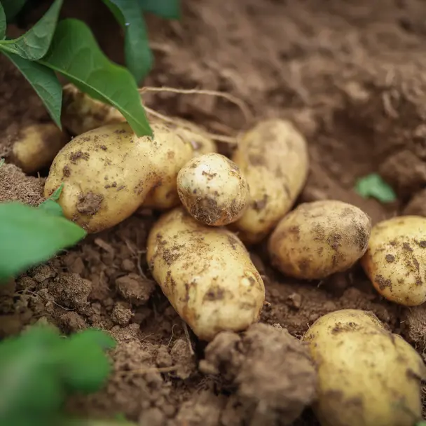 Frisch geerntete Kartoffeln mit Erde bedeckt, eingebettet in lockerem Boden und umgeben von grünen Kartoffelpflanzen.