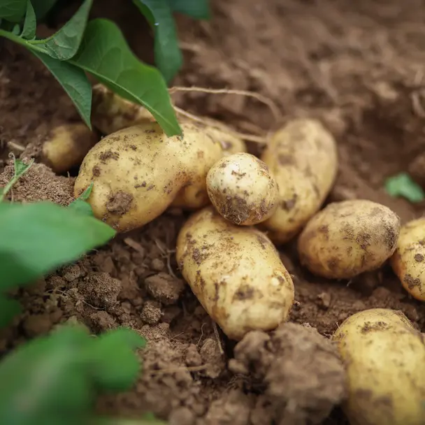 Frisch geerntete Kartoffeln mit Erde bedeckt, eingebettet in lockerem Boden und umgeben von grünen Kartoffelpflanzen.