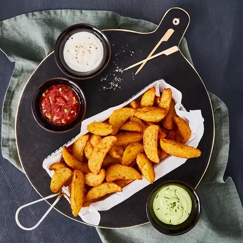 Knusprige Wedges serviert auf einer rustikalen Holzplatte, begleitet von drei köstlichen Dips: cremiger Sour Cream, würzigem Tomatendip und frischem Kräuterdip. Angerichtet mit einer grünen Stoffserviette im Hintergrund für einen natürlichen Look.