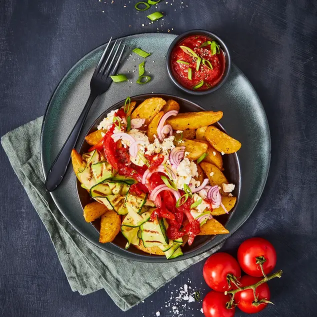 Krosse Wedges-Bowl mit frischem Zucchinisalat, saftigen Tomaten, roten Zwiebeln und einer Prise Feta, serviert mit einem würzigen Dip. Angerichtet auf einem dunkelgrauen Teller mit grüner Stoffserviette, begleitet von frischen Tomatenrispen.