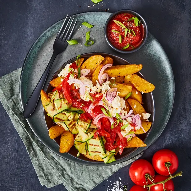 Krosse Wedges-Bowl mit frischem Zucchinisalat, saftigen Tomaten, roten Zwiebeln und einer Prise Feta, serviert mit einem würzigen Dip. Angerichtet auf einem dunkelgrauen Teller mit grüner Stoffserviette, begleitet von frischen Tomatenrispen.